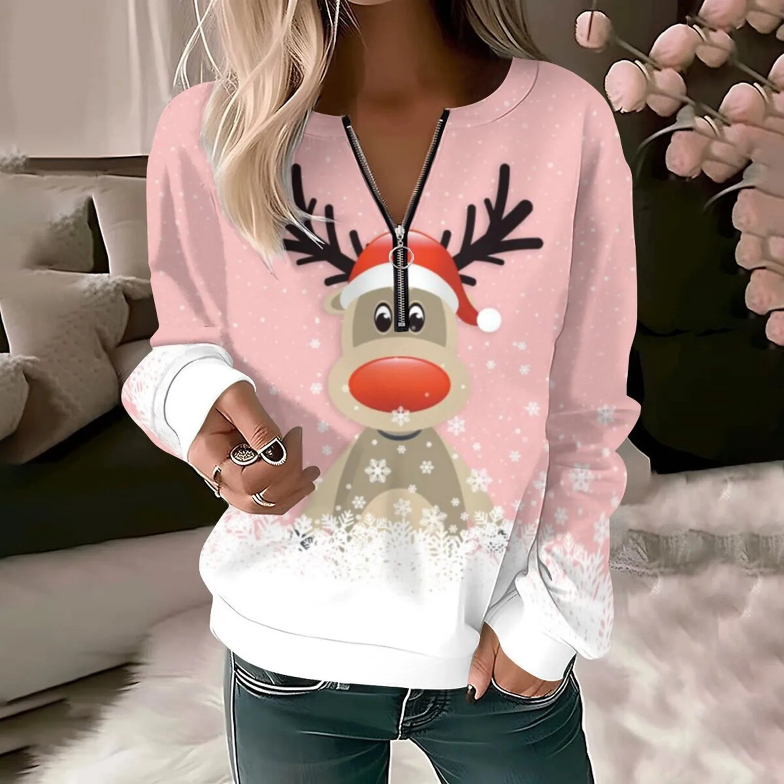 Christmas Hoodies Womens Zipper Deer Snowflake Print Loose Sweater Long Sleeve Workout Hoodies Ladies Pockets Xmas Sweatshirts