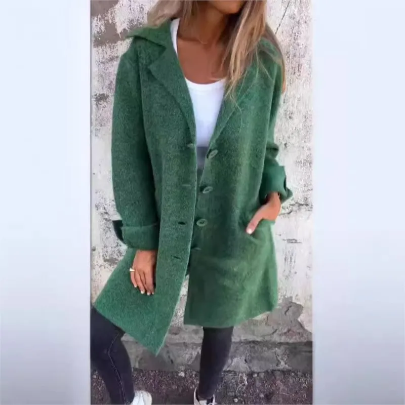 Abrigo informal Vintage para mujer, prendas de vestir exteriores, Otoño Invierno, color sólido, solapa de manga larga, abrigos de longitud media, cárdigan, chaquetas de oficina para mujer