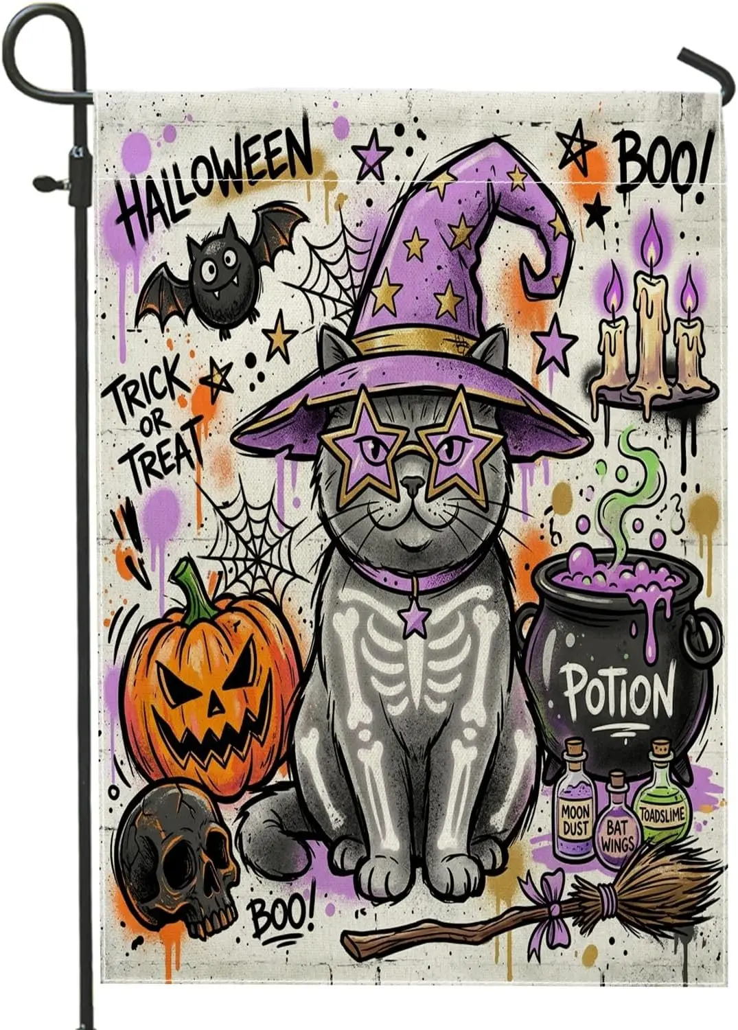 Fun Halloween Graffiti British Shorthair Cat Garden Flags 12‘’x18’‘ Double Sided for Outside Decorative, Scary Witchy Patter yyi