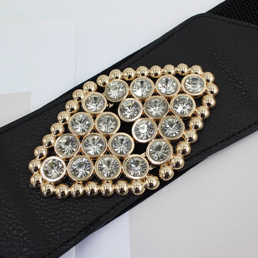 Big Size Waistband Belt Fashion Metal Buckle Black Wide Waist Belt Rhinestone Elastic Wide Belt Women