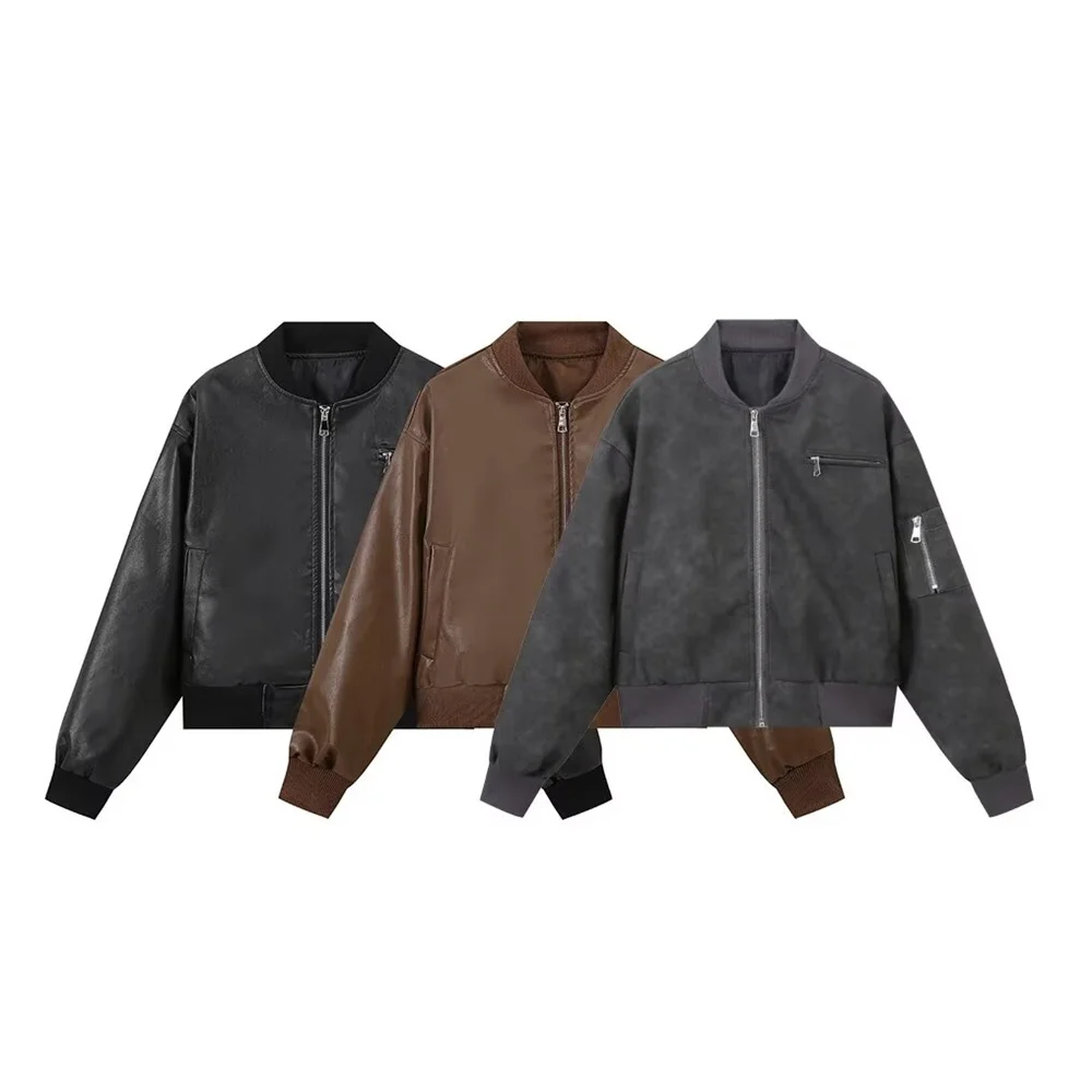 

Zach Ailsa Autumn New Women's Fashion Versatile Casual Three Color Cotton Jacket Long Sleeve Leather Jacket