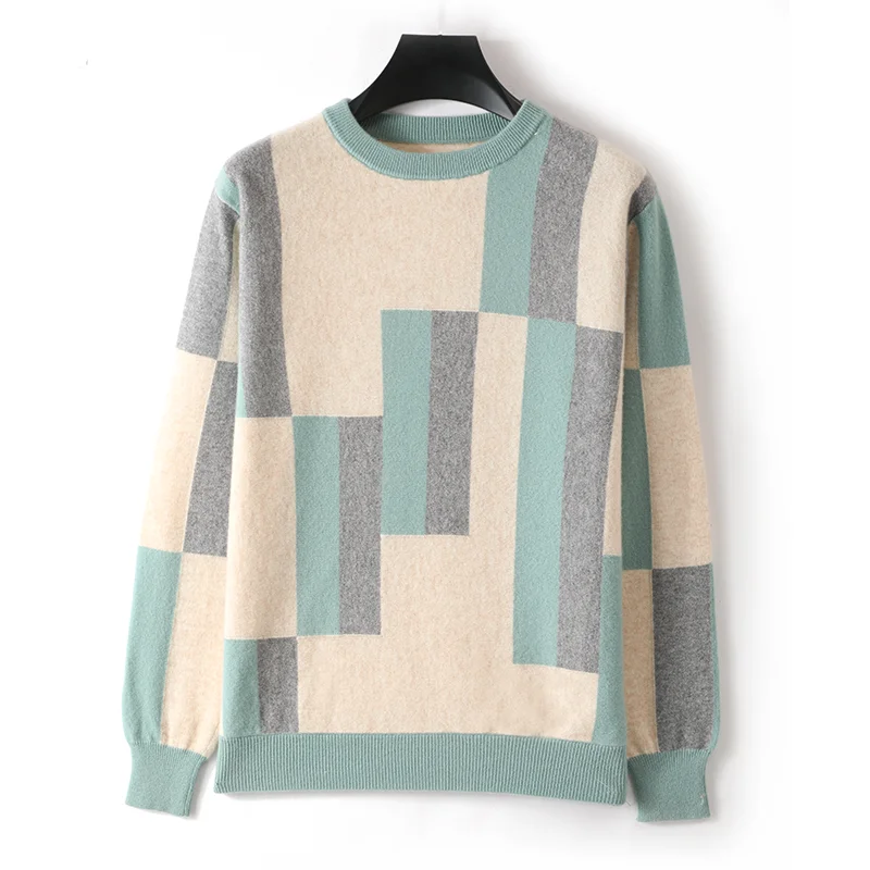 Autumn Winter New 100% Pure Wool Men's Round Neck Color Matching Pullover Sweater Loose Versatile Cashmere Knit Bottoming Shirt