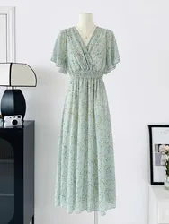 2026 Summer Women Ruffled Short-sleeved Chiffon Dress V-neck High Waist Floral Print Beach Midi Dresses Backless Sexy Vestidos