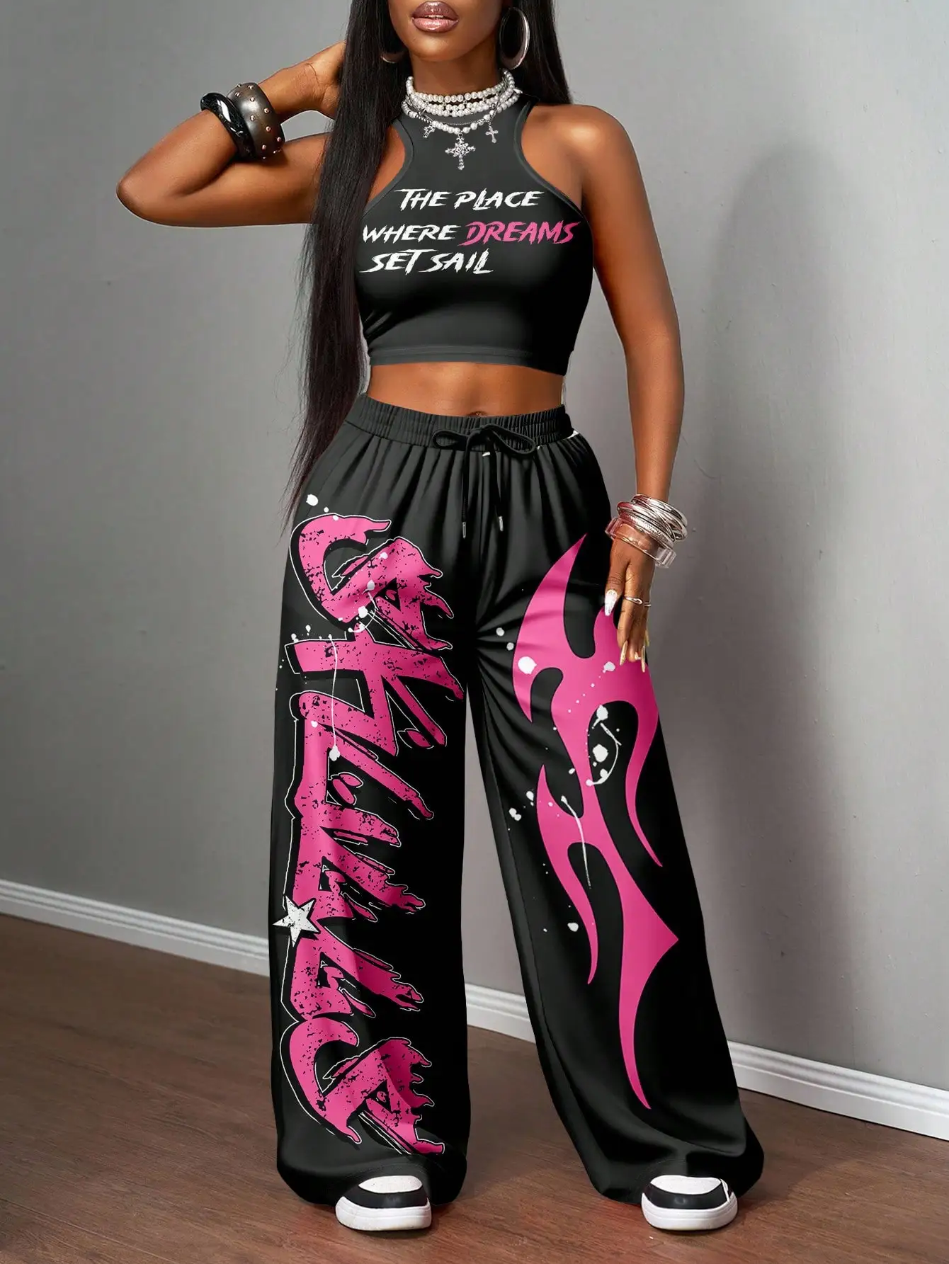 스트리트웨어, Y2K 스타일을 위한 슬로건 그래픽 레이서백 크롭탑 & 와이드 레그 팬츠 세트
