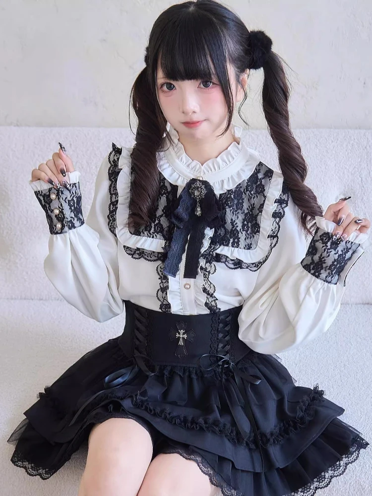 

Japanese Kawaii Lolita Ruffled Lace Patchwork Shirt Y2k Aesthetic Sweet Outfits Summer Blouse Women JK Loose Puff Sleeve Blouses