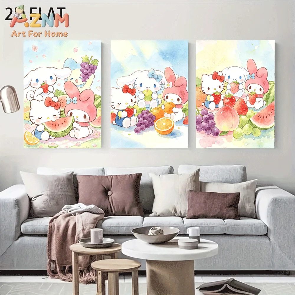 AZNM Sanrio Characters Canvas Wall Art Unframed Cute Cartoon Print Poster Hello Kitty My Melody Cinnamoroll Summer Fruit Waterco