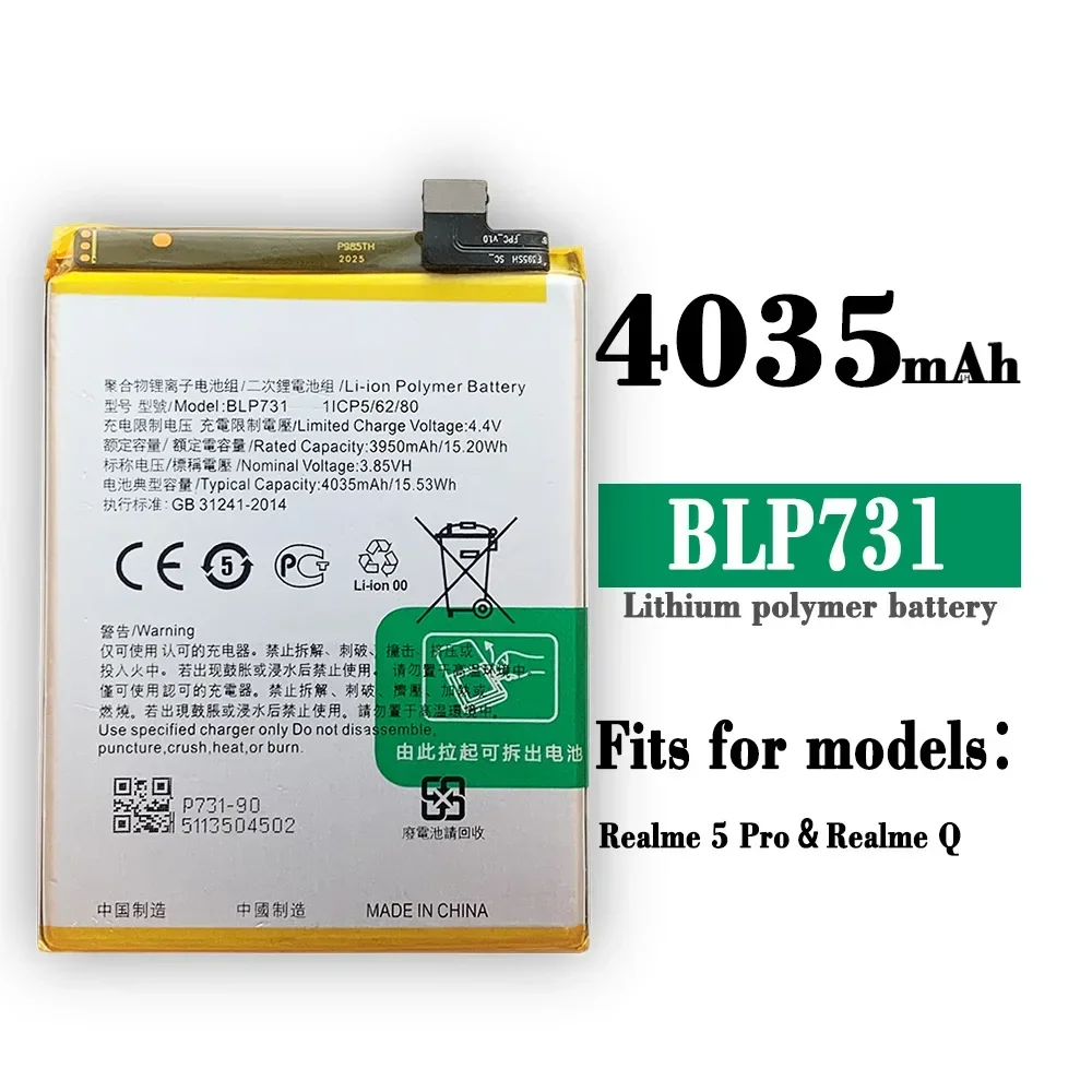 

New 4035mAh BLP731 Mobile Phone Replacement Battery For Oppo Realme 5 Pro Q X Youth High Quality Lithium Battery