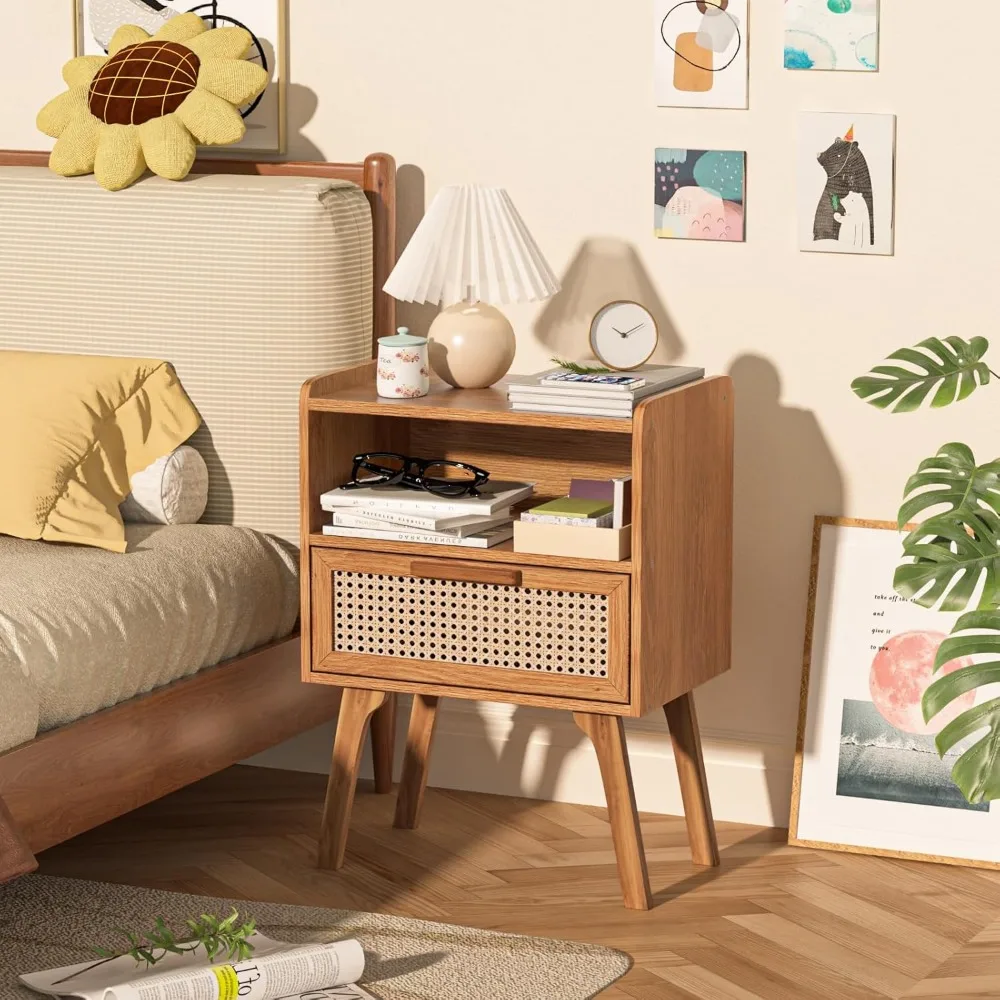 

A Set of Two Rattan Bedside Tables, Including A Side Table with Drawers and A Rattan Side Table with Solid Wood Legs