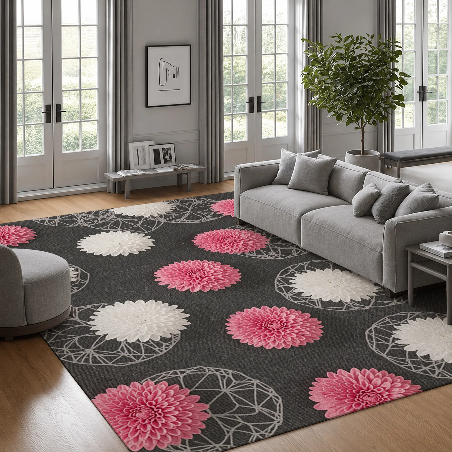Pink White Dahlia Flower Geometric Wire Pattern Velvet Area Rug, Machine Washable Soft Floor Rug, Ideal for Living Room, Bedroom, Entryway, Dining Room, Perfect for Halloween, Thanksgiving, Christmas, New Year, Black Friday, Cyber Monday Home Decor