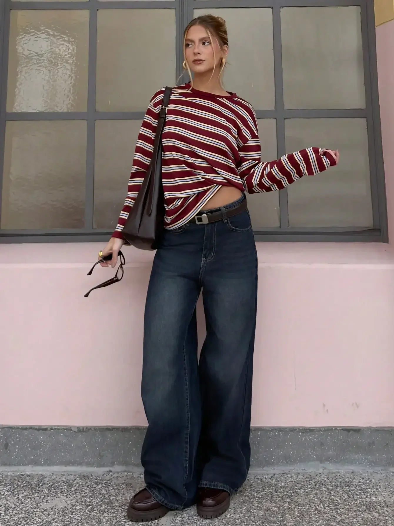 2026 Women Striped Long Sleeve T-Shirt, Fall Winter Loose Crew Neck Top, Soft Faux Cotton Oversized Casual Daily Blouse view 3