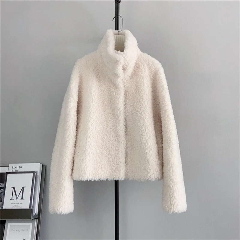 Casaco monocromático de botão Sheep Shearling para mulheres, parka composta, jaqueta curta quente, lã de cordeiro, fêmea, outono, inverno, PT471