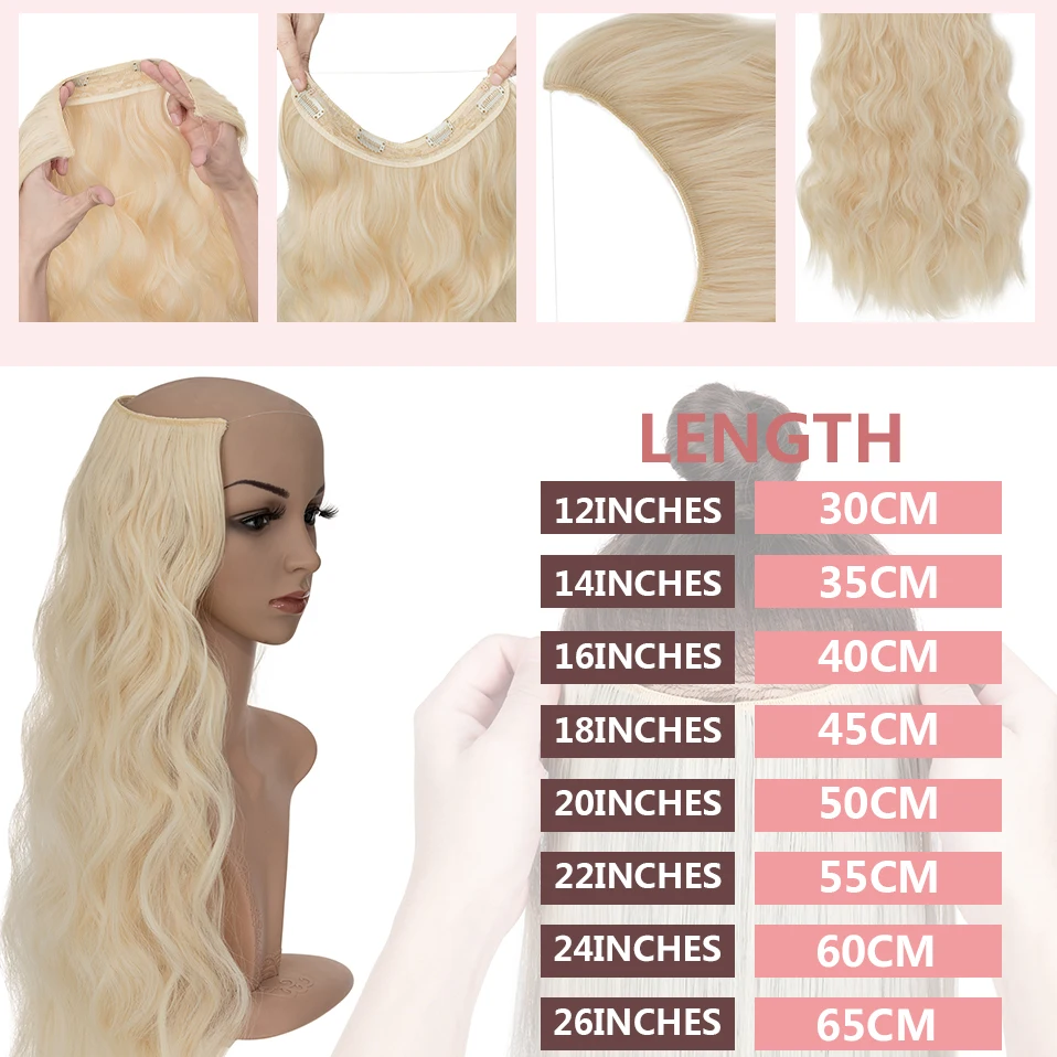 Snoilite Synthetic 20-24inches Invisible Wire Artificial Hair Extensions 4 Clip Fake False Long Wavy Hair Piece Blonde For Woman