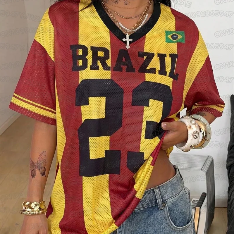 Commemorative Summer Casual Women's Y2K Brazil Pattern Printed T-shirt Large Short Sleeve Street Top Mesh Jersey
