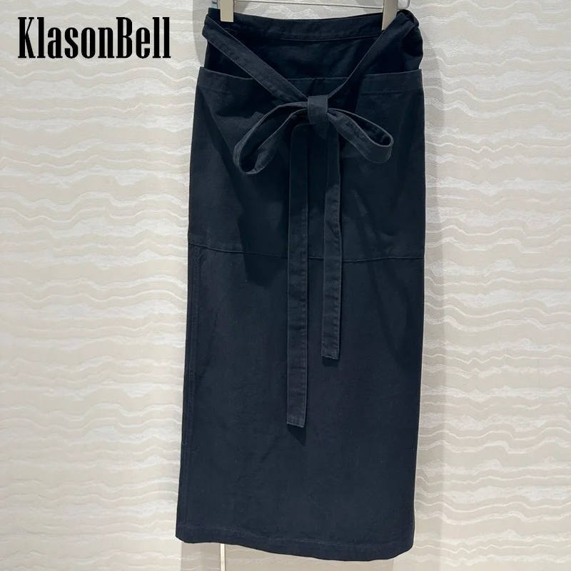 

7.23 KlasonBell Women Fashion Patchwork Big Pocket Design Denim Skirt High Waist Bandage Bow Straight Back Long Skirt