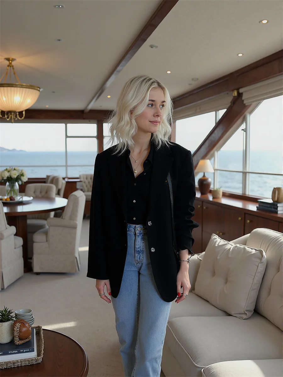 

Black Women'S Blazer Turn-Down Collar Color-Blocked Cuffs Holiday Solidcolor Sleevebuttons Evening Beautyblue Gradient Buttoned