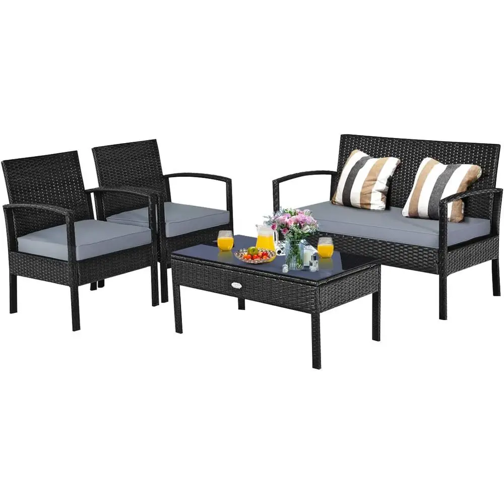 

4-Piece Outdoor Wicker Patio Furniture Set with Rattan Chairs, Table, and Washable Cushions for Balcony or Garden (Black)