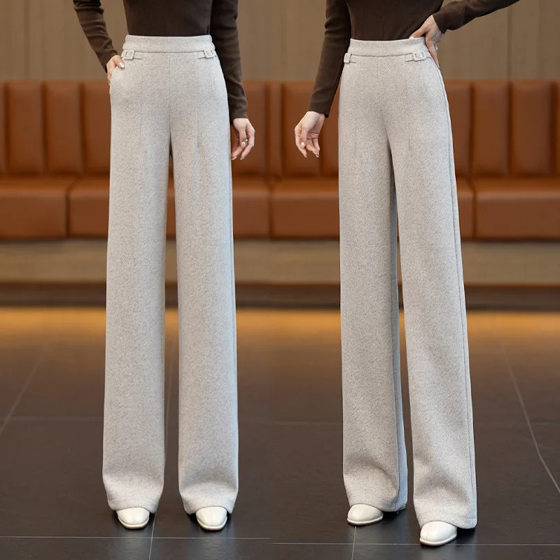 여성을 위한 패션 트렌드 다용도 울 와이드 레그 팬츠, 새로운 가을 및 겨울 스타일, 우아한 출퇴근용 하이웨이스트 슬림핏