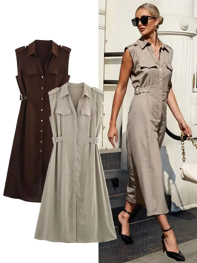 

Elegant Chic Dresses Women 2025 New Summer Sexy Sleeveless Waist Single Breasted Dress Fashion Casual Turndown Collar Midi Dress