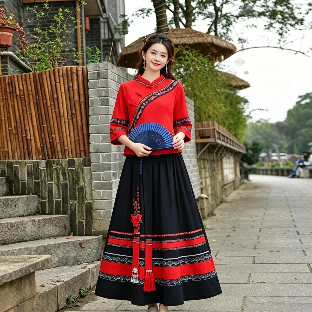 Red Embroidered Set Women's New Chinese Style Stand Collar Top Full Skirt Travel Photography Performance Two Piece Set Autumn