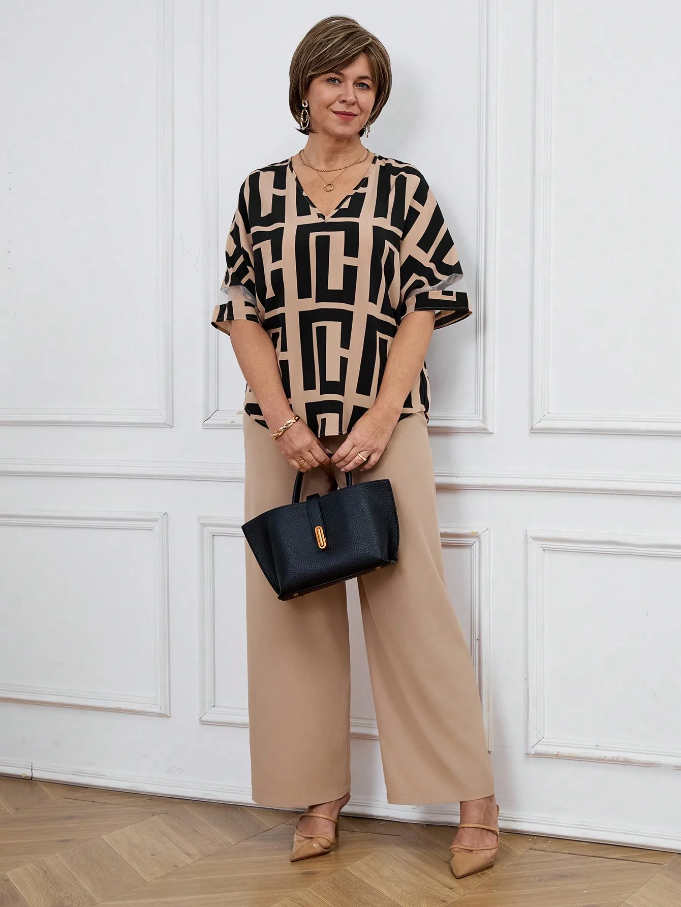 여성용 기하학적 프린트 브이넥 반소매 탑 & 와이드 레그 팬츠 세트(캐주얼 또는 사무복용)