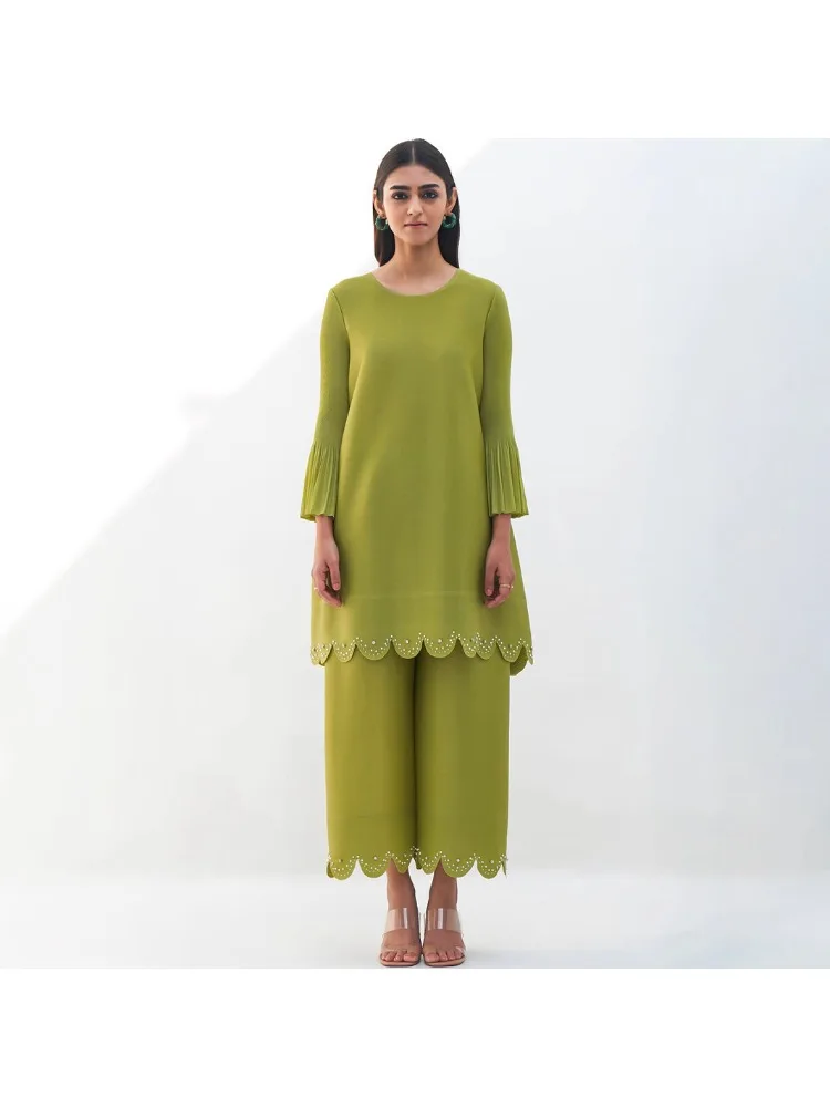 

2025 Autumn New Pleated Set Loose Long Top Plus Size Wide Leg Pants Women's Fashion Two-piece Set Women's Nail Bead Luxury