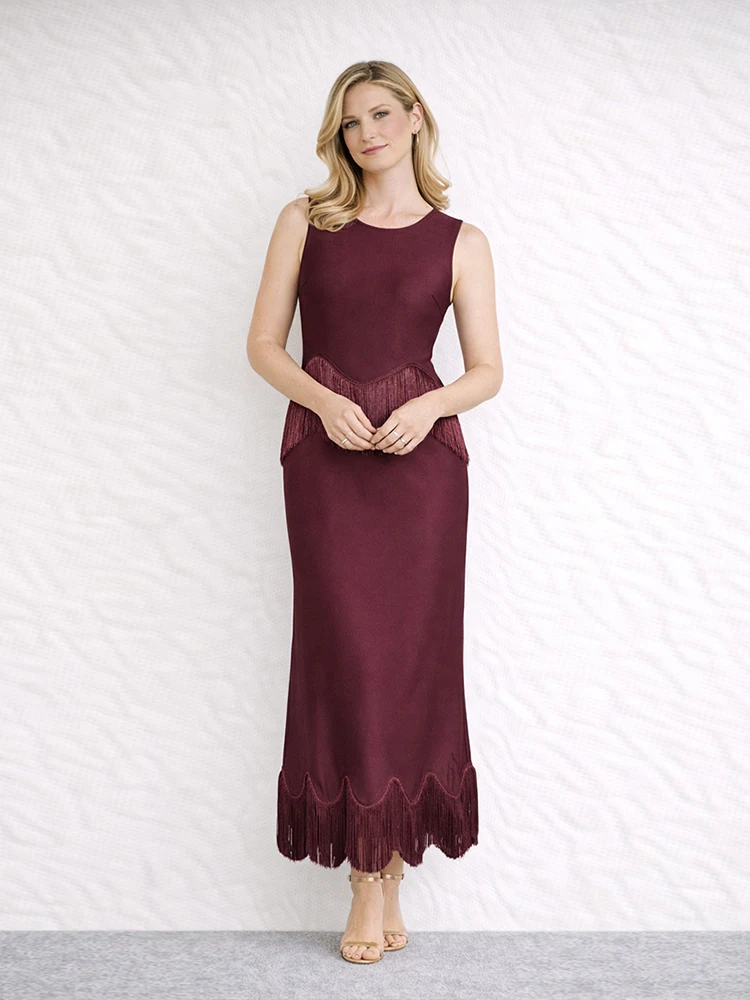 

Sexy O Neck Fringe Patchwork Bandage Dress Women Burgundy Sleeveless Tassel Bodycon Long Dresses Evening Party Gowns
