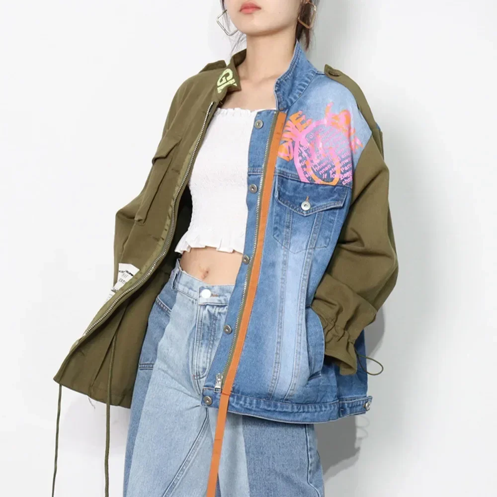 2024 New Denim Jacket Women Spring Jacket Long Sleeve Fake Two Piece Denim Coat Autumn High Quality Lapel Patchwork Vintage