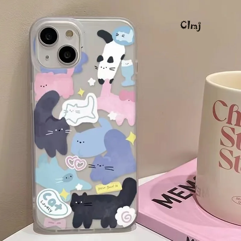 Clmj Cute Cat Kitten Phone Case For iPhone 13 11 12 14 Pro Max 15 Plus XR X XS 7 8 Se 2020 Silicone Phone Cover iPhone Case INS