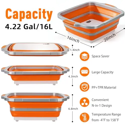 

16L Foldable Prep Basin With Secure Lid & Cutting Surface For Food Marination Storage Camping Kitchen Use