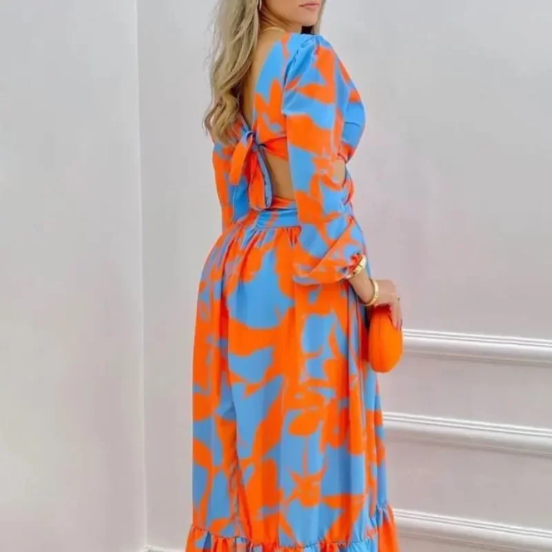 Summer Dress for Women Temperament Printed V-neck Long Dress Vintage Elegant Long Sleeve V-Neck Maxi Sundress Harajuku Dresses