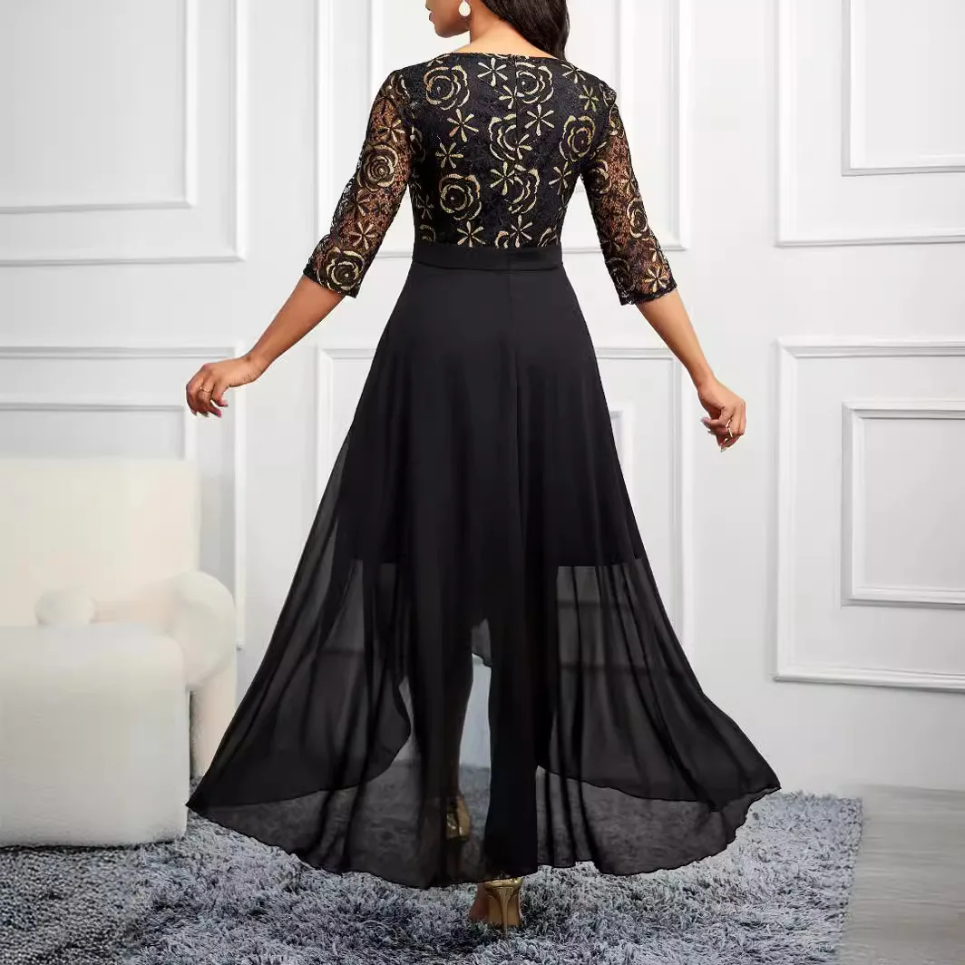 Women\'s Dress New Spring Solid Elegant V-neck Dress With Medium Sleeves Slim Fit Uneven Long V-neck Women\'s Dress 2024 New
