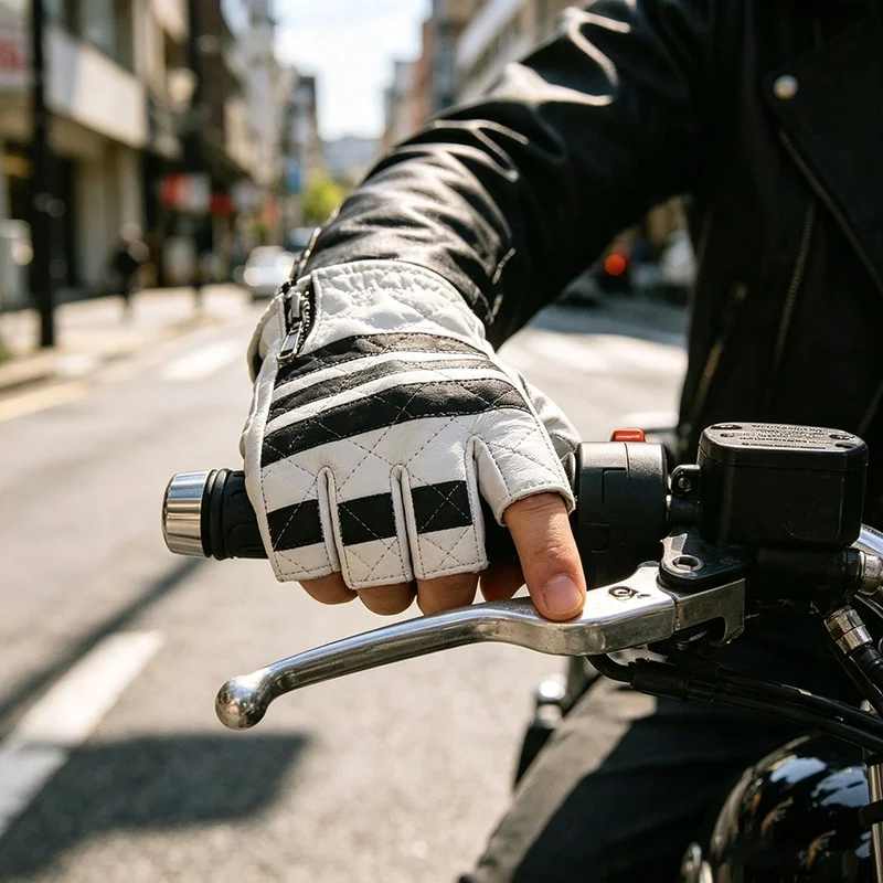 Men Genuine Sheepskin Motorcycle Gloves Black White Stripe Touch Screen Half Finger Anti‑Impact Wear‑Resistant Locomotive Glove