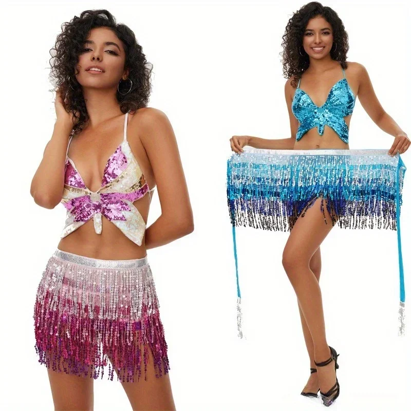 المرأة تنورة الرقص الشرقي الورك شرابة وشاح الرقص الشرقي حبة الخصر سلسلة 4 طبقات T مرحلة الأداء زي حفلة الدنيم الزي