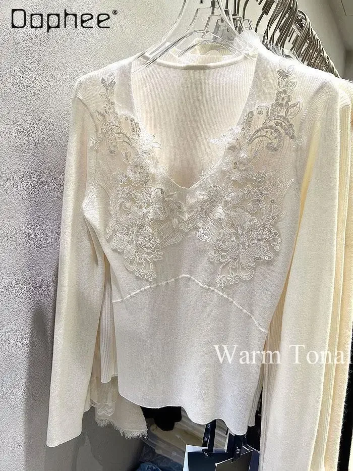 French Lace V-neck White Knitted Sweater Women's Trendy Spring Summer New All Match Graceful Slim Inner Wool Bottoming Shirt