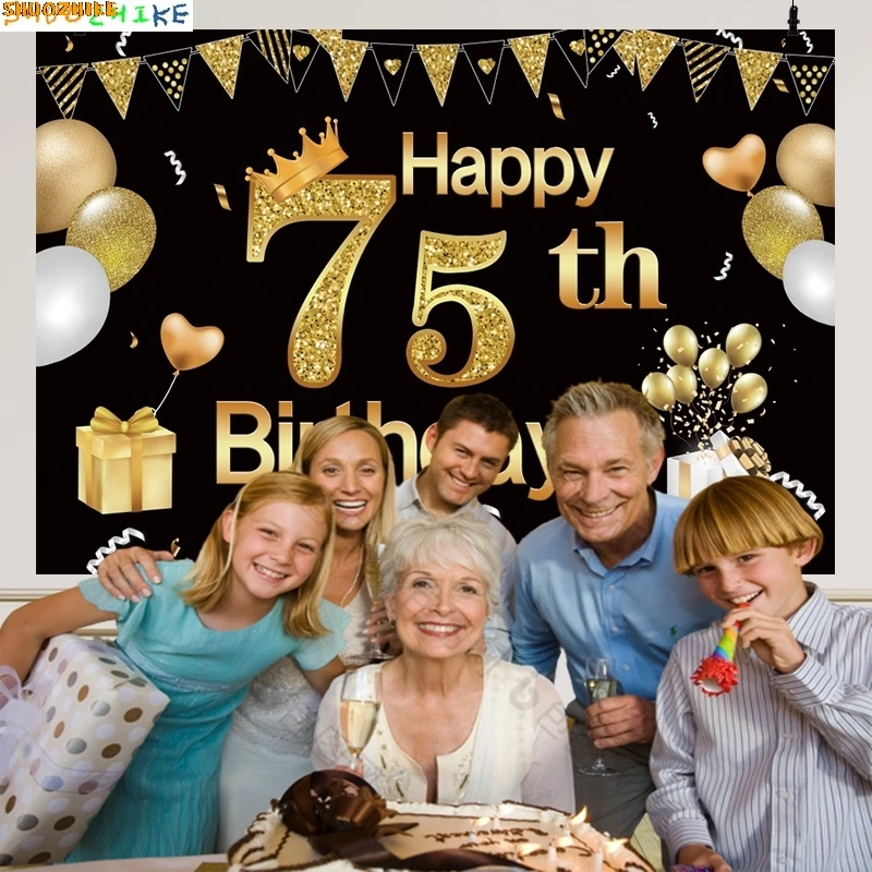 

Happy 75th Birthday Photography Backdrops Women Men 75 Years Anniversary Party Black Gold Balloons Photo Studio Background VF-01