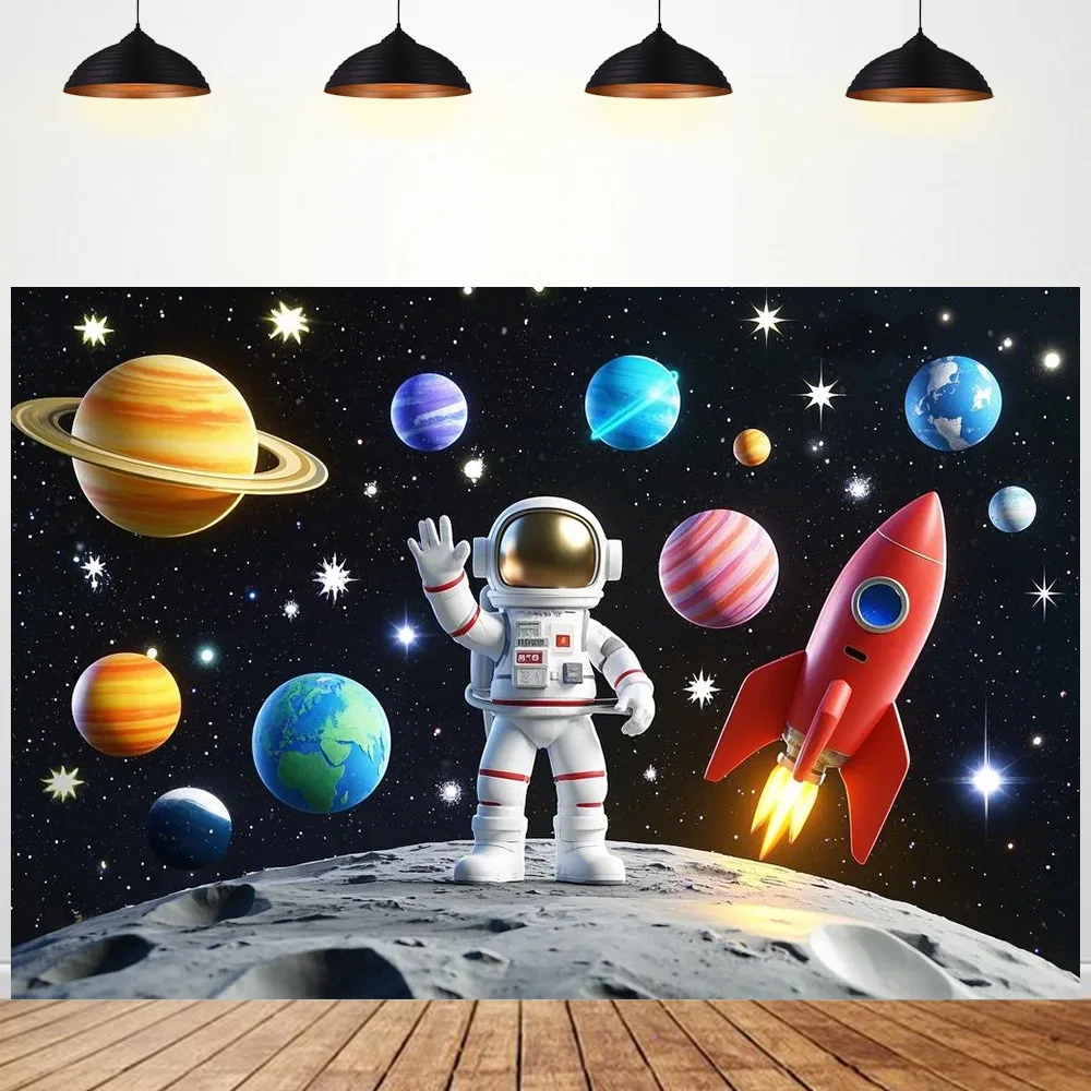 

Space Background Happy Birthday Party Decor Outer Astronaut Rocket Galaxy Planet Photo Kids Gift Baby Shower