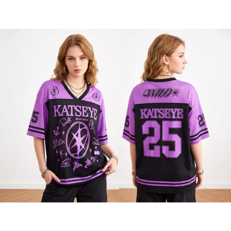 Men Y2K Oversized Short Sleeve Sports Jersey, KATSEYE 25 Number Graphic Mesh Athletic Top Kpop Streetwear for Daily Casual Wear