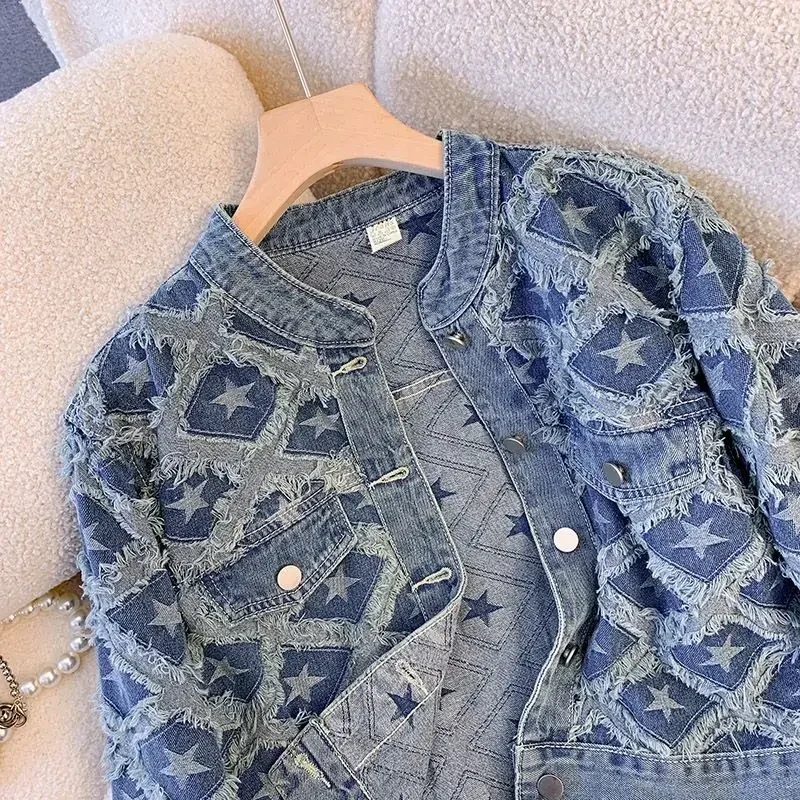 Autumn All Match Design Vintage Women Clothing Small Fragrance Y2k Jackets Crop Top Tassel Star Print Single Breasted Denim Coat