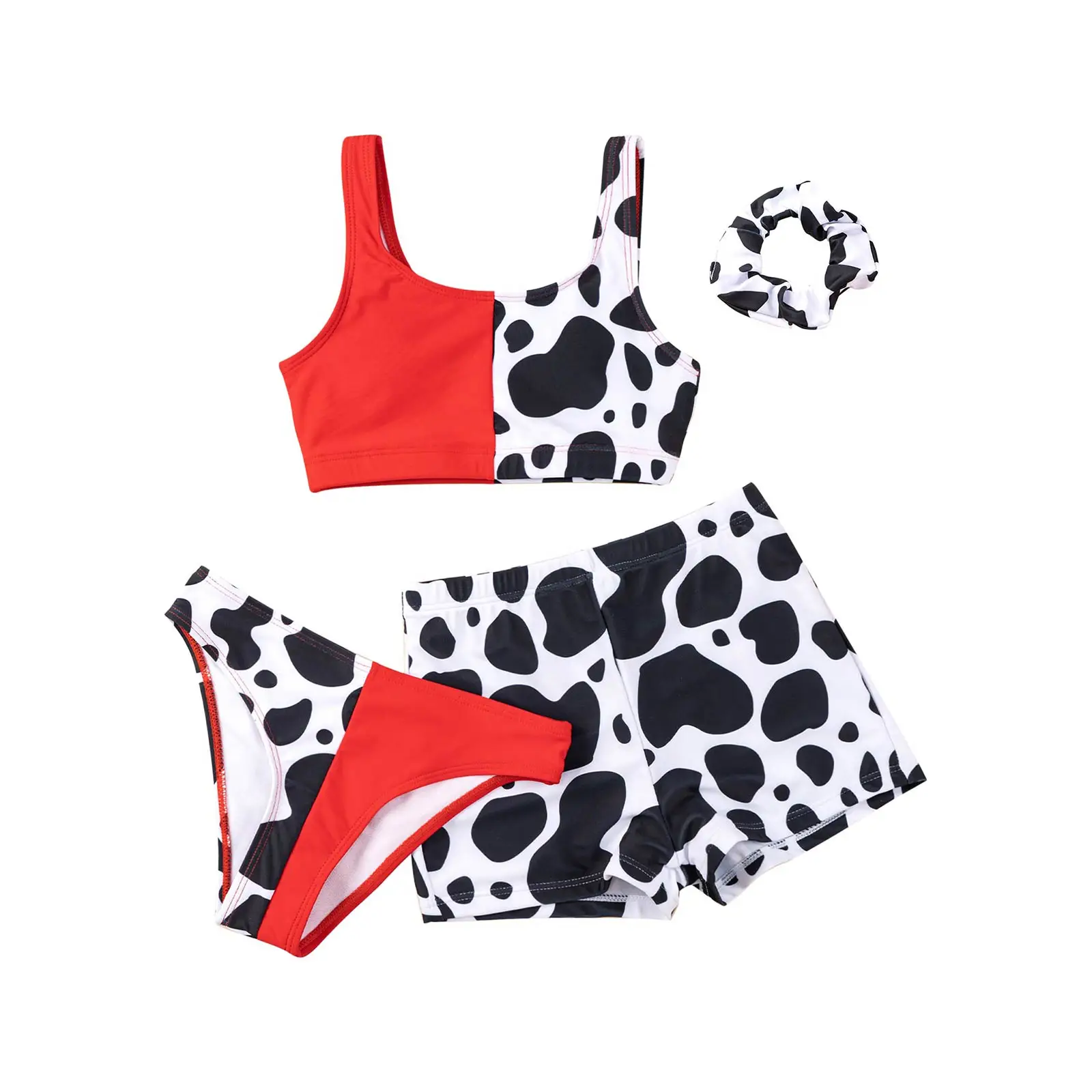 4Pcs Kids Grils Swimsuits Cute Cow Print Tankini Sets Sleeveless Bra Top Briefs Boyshorts Swimming Bathing Beachwear Swimwear