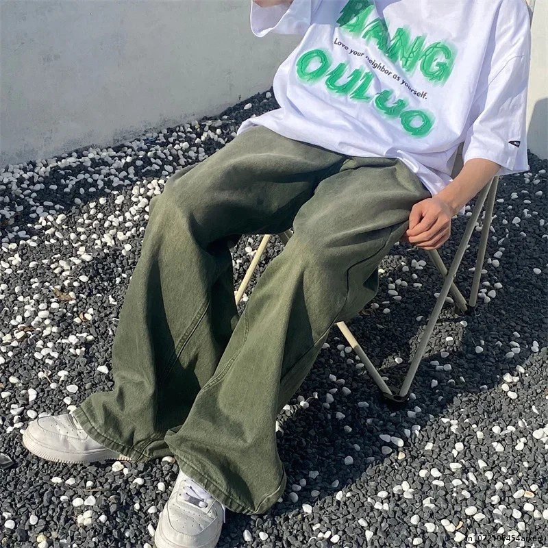 الربيع الصبي الأخضر الجينز بسيط فضفاض خمر سراويل جينز الذكور بنطال ذو قصة أرجل واسعة الرجال الشارع الشهير الرجعية كبيرة الحجم عادية الهيب هوب