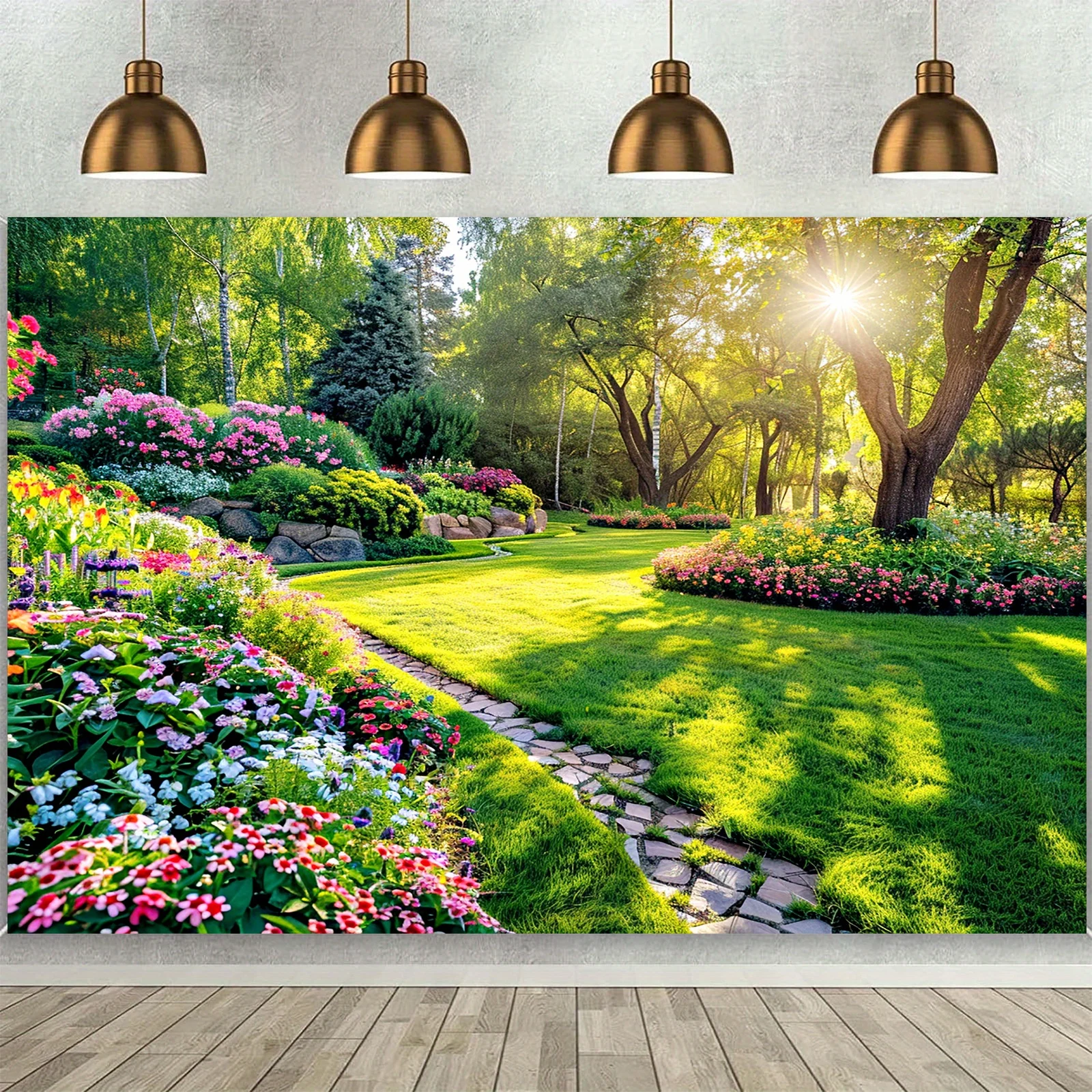 1 Stück Frühlingsgarten-Polyester-Banner – Party-Dekoration und Fotografie-Hintergrund, schöne natürliche Landschaft