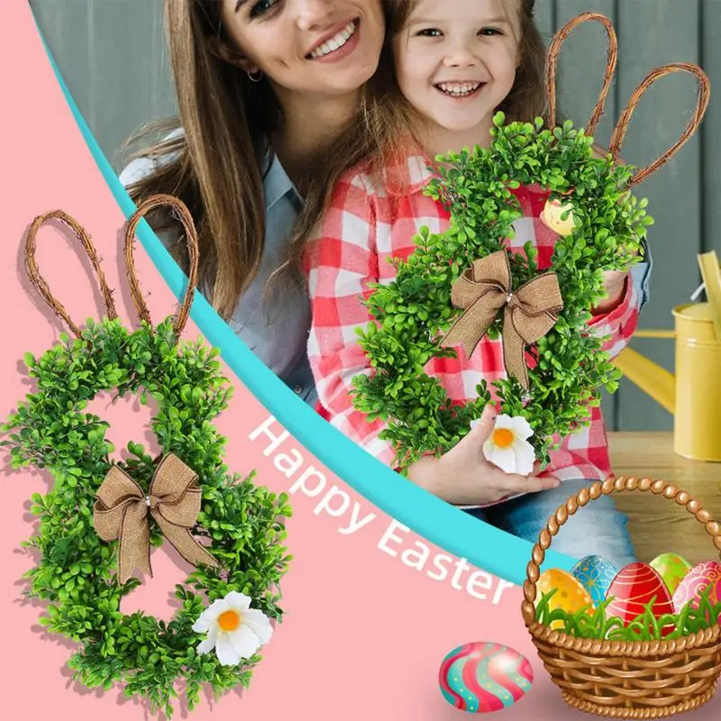 

Spring Easter Bunny Wreath Artificial Greenery Bunny Wreath with Bow and White Flowers Decorative Garland Easter Wreaths for