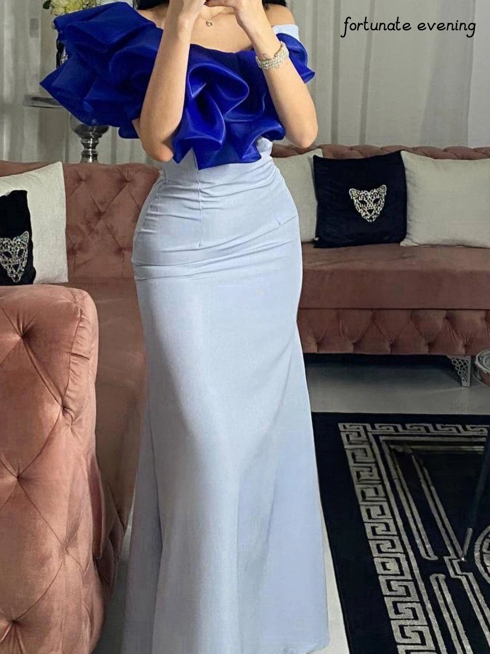 Fortunate Evening Elegant Vintage Mermaid Ruffle Blue One Shoulder Customized Formal Occasion Prom Dress Evening Party Gowns