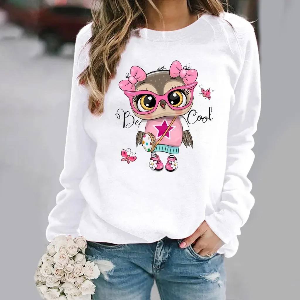 Women\'s Slim-fit Hoodie Fashion Owl Print White Long-sleeved Base Shirt for Women Streetwear Women Clothes Sweatshirt