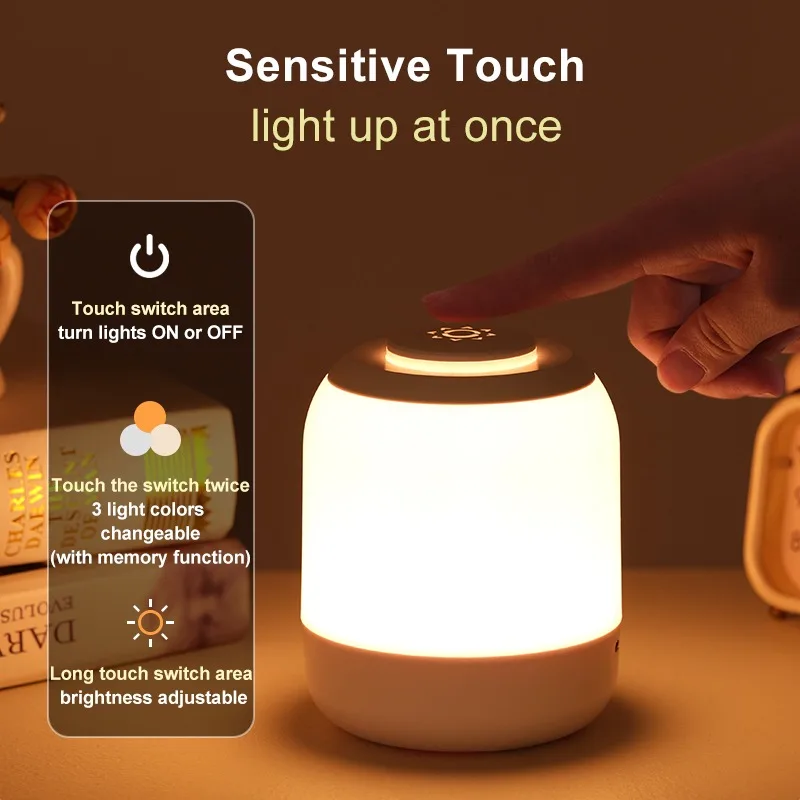 Lampu malam Sensor sentuh, lampu meja LED Sensor sentuh, lampu meja dapat diisi ulang untuk anak-anak, bayi, kamar tidur, hadiah anak-anak