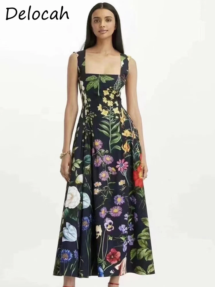 Delocah Cao Chất Lượng Mùa Hè Phụ Nữ Thiết Kế Thời Trang Kỳ Nghỉ Midi Dress Sexy Dây Đeo Spaghetti Eo Cao Hoa In Phụ Nữ Dresses