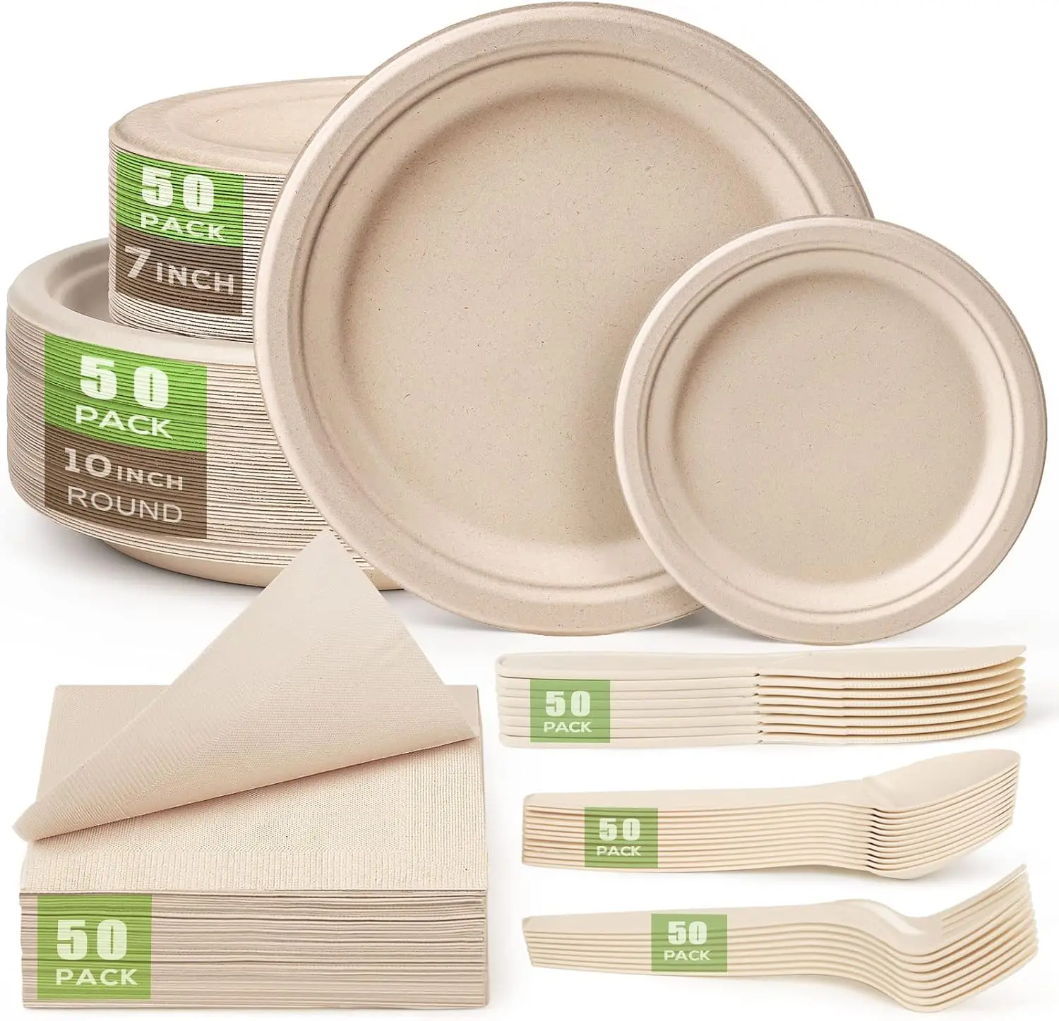 Gezond Compostable Paper Plates Set 300 Pieces Disposable Plates 10-Inch Eco-Friendly Paper Plates Heavy-Duty Utensils And