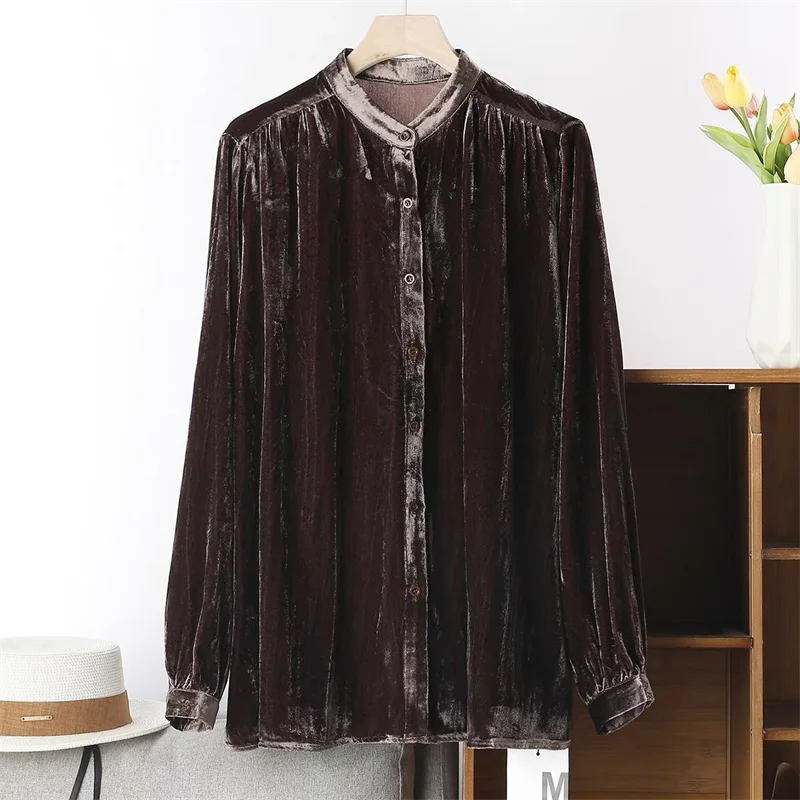 Camisa de Veludo Plus Size Feminina de Manga Longa, Cor Sólida, Gola Alta, Camada Base para Primavera e Outono, Blusa de Veludo