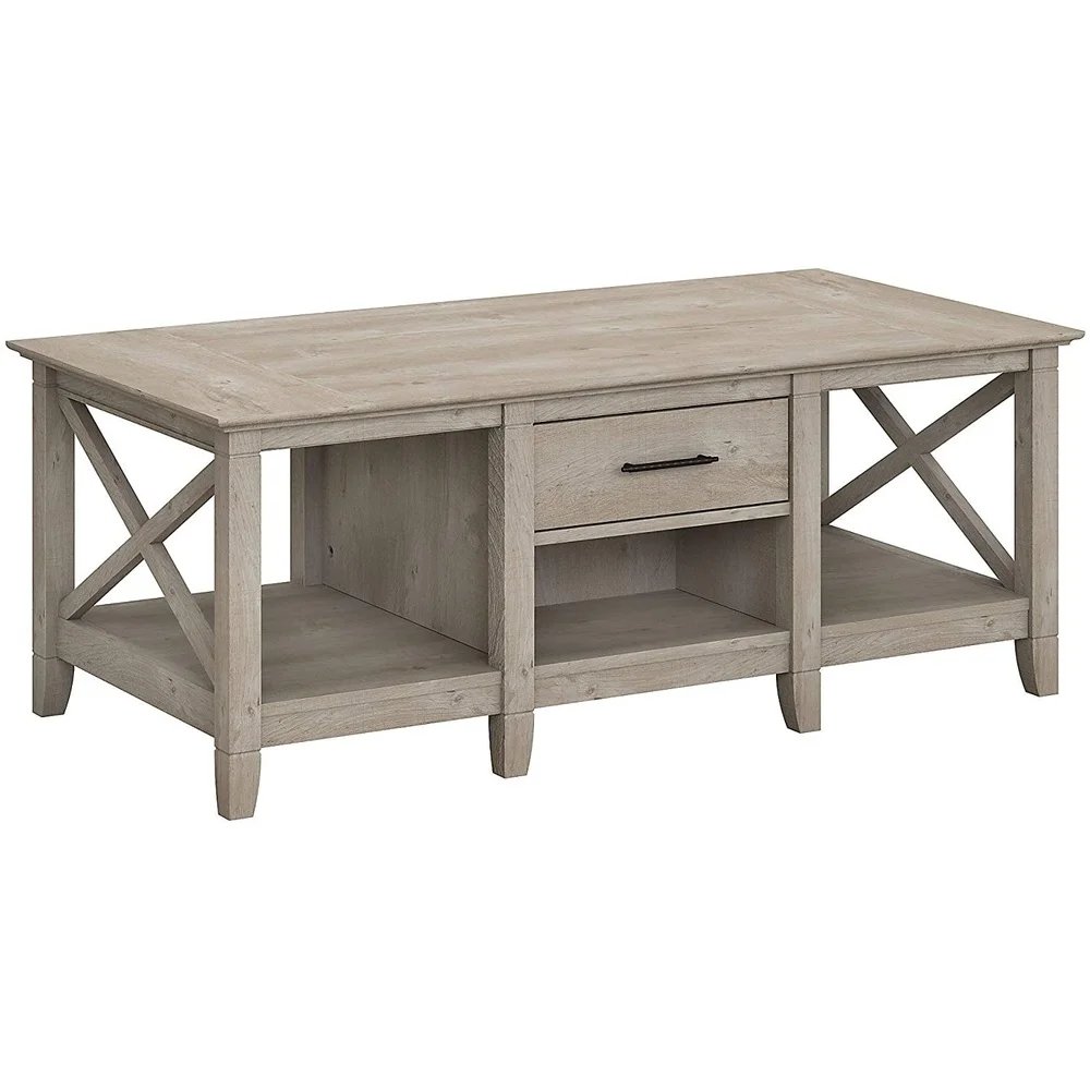 Washed Gray Coffee Table with Storage Drawers Cubby Spaces Stylish Design Living Room Bedroom Furniture