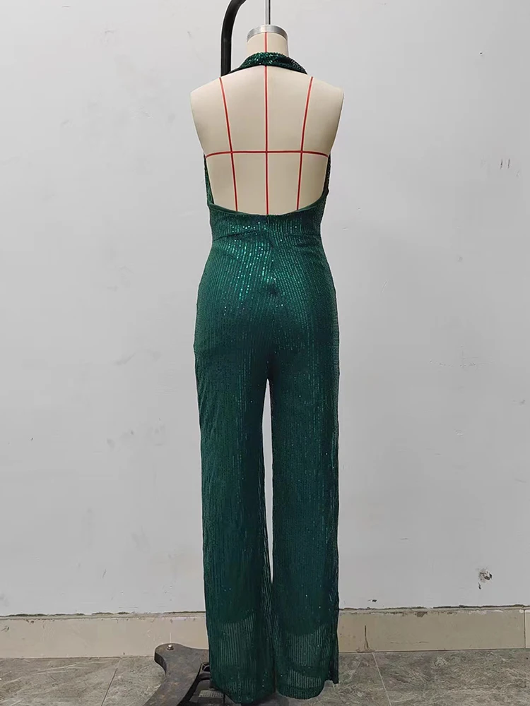 Elegante tecido de lantejoulas feminino profundo decote em v perna larga macacão halterneck sem mangas moda brilhante festa noite clubwear macacão